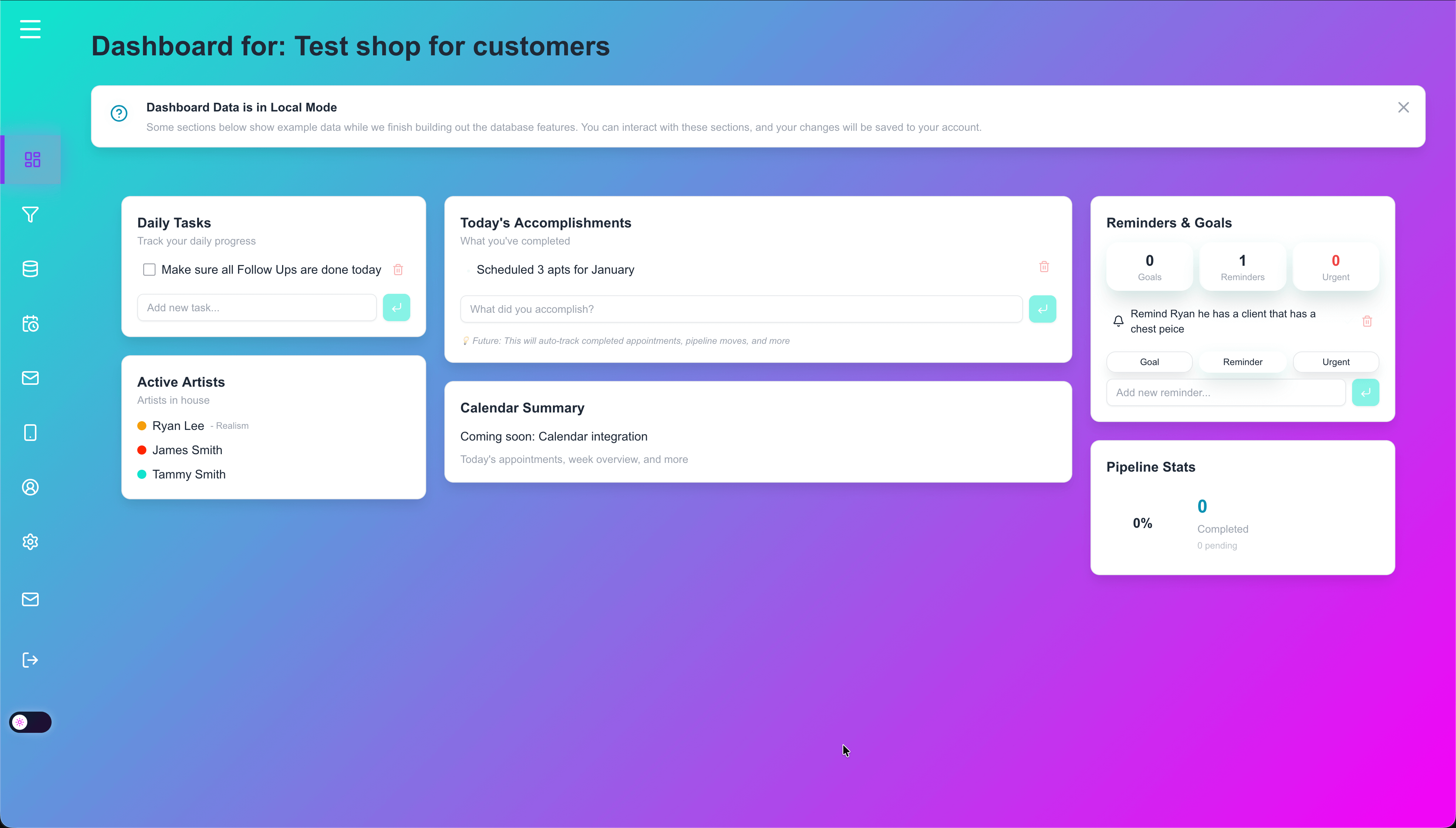 Dashboard with reminders and tasks